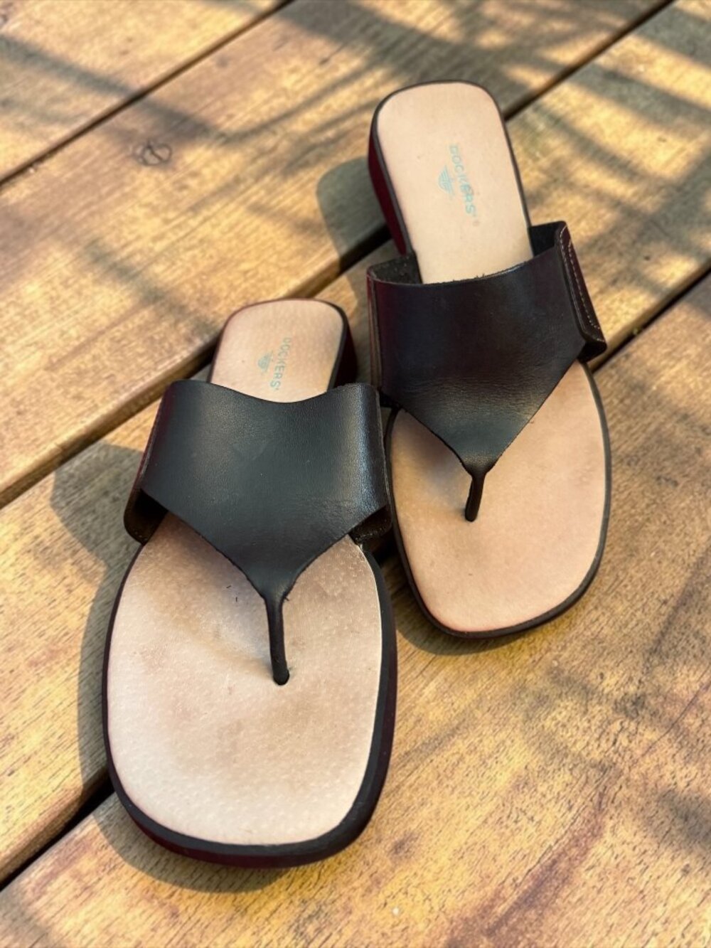 Dockers Vintage Style Black Leather Thong Sandals Sz 8.5